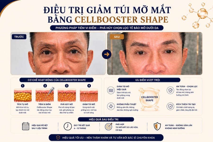 Kết quả giảm túi mỡ mắt bằng Cellbooster Shape trước và sau tại HIN BIO AESTHETICS