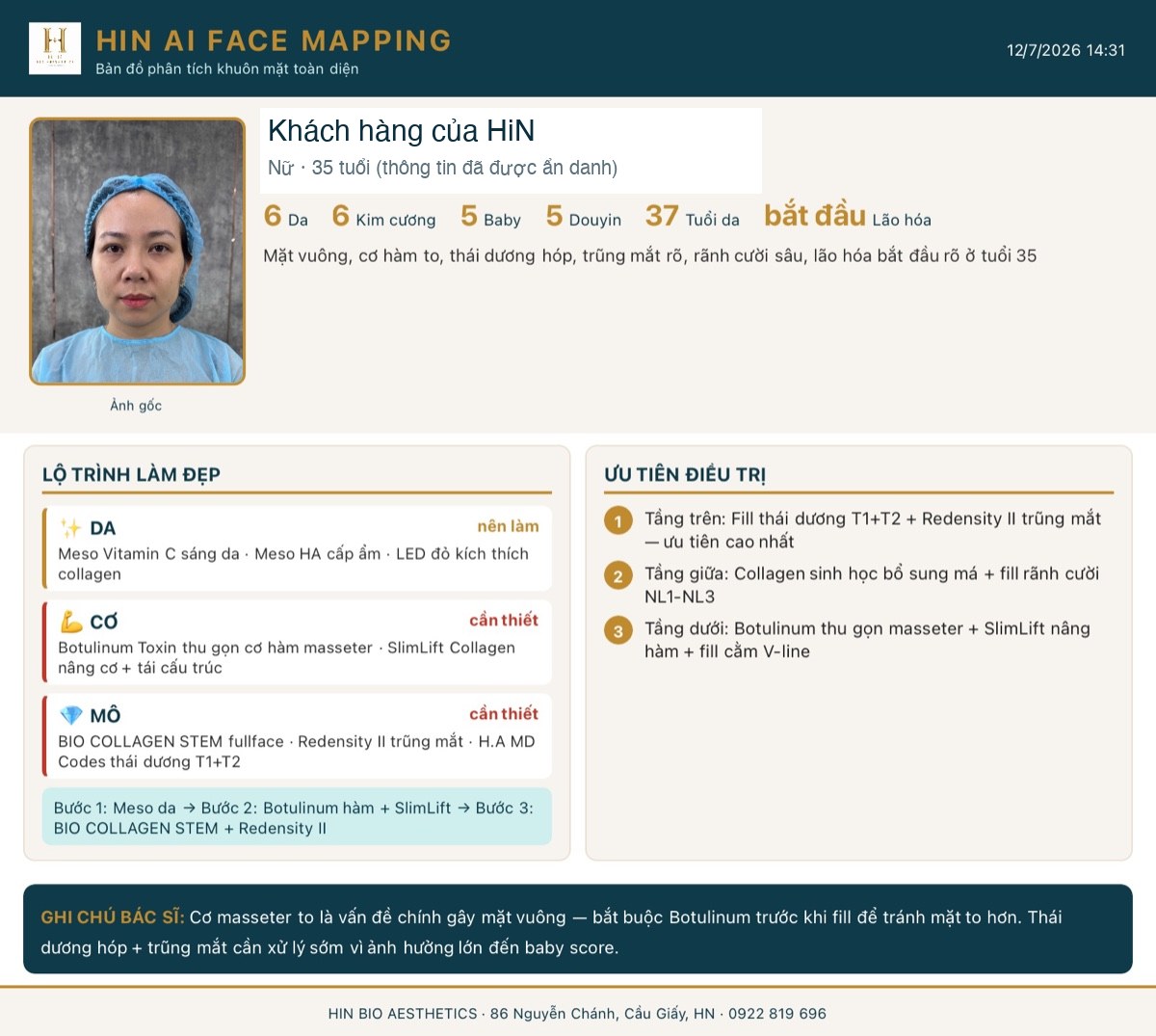 Phiếu kết quả HIN AI Face Mapping thực tế — bảng điểm, lộ trình làm đẹp và ưu tiên điều trị của khách hàng