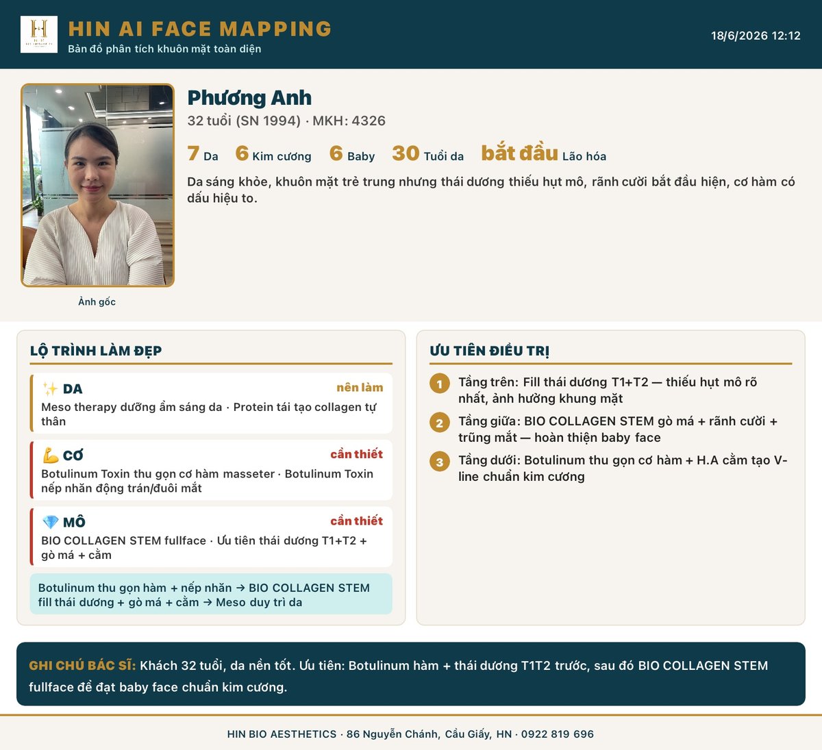 Phiếu kết quả cấu trúc HIN AI Face Mapping — lộ trình 3 tầng Da Cơ Mô, ưu tiên điều trị, ghi chú bác sĩ