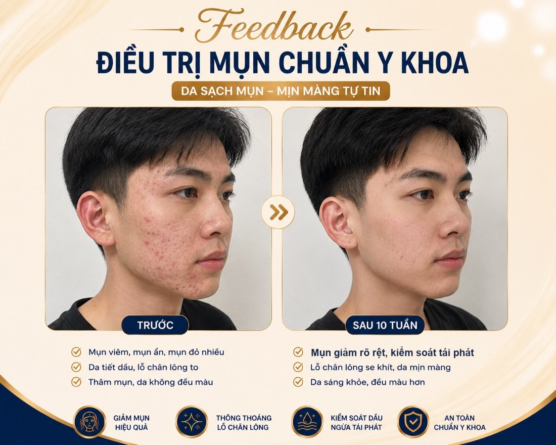 Kết quả điều trị mụn tại HIN BIO AESTHETICS — tình trạng da trước và sau liệu trình, ảnh khách hàng thực tế