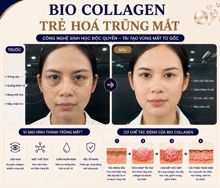 Bio Collagen trẻ hóa trũng mắt — công nghệ sinh học tái tạo vùng mắt từ gốc