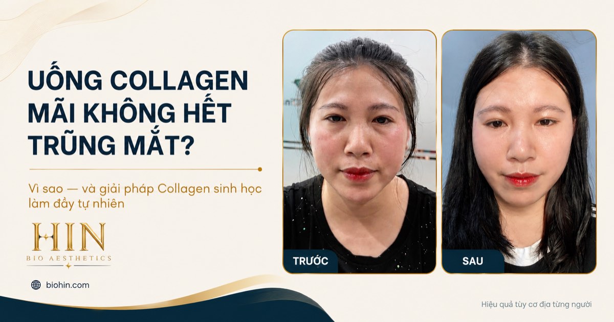 Uống collagen mãi không hết trũng mắt — hình ảnh khách hàng trước và sau điều trị Collagen sinh học tại HIN BIO AESTHETICS